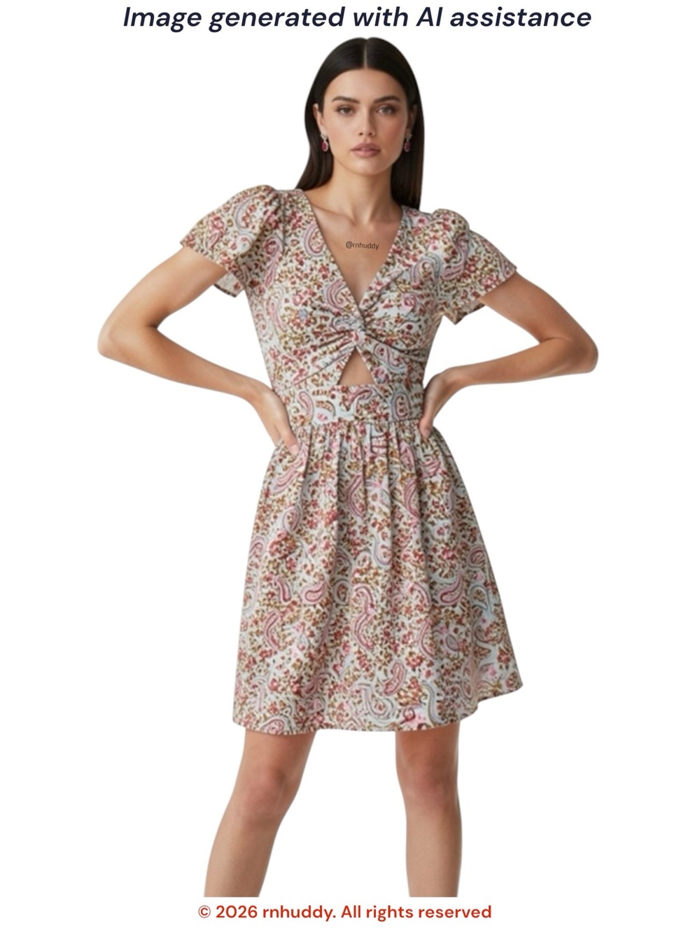 Blue Rain L paisley front cutout Knot mini dress